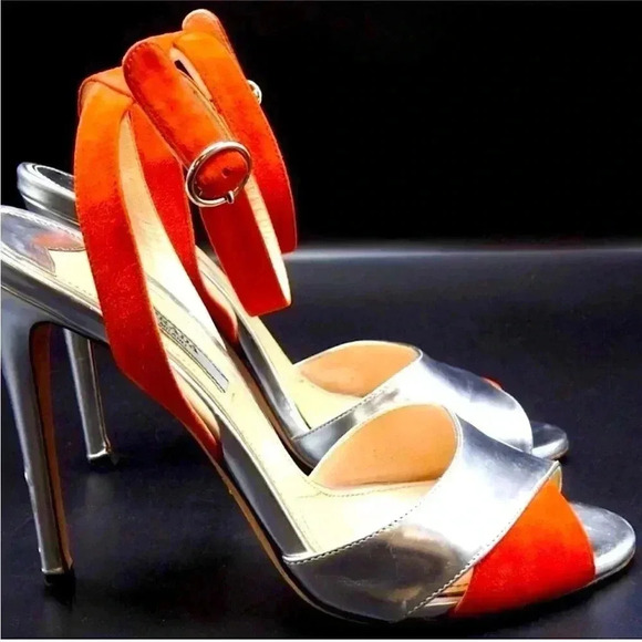 Prada Silver & Orange Leather & Suede ankle strap heels size 38 Great condition - Picture 1 of 11